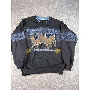 VINTAGE 90s Artisans Henley Sweatshirt Mens Large Black Deer Forest Streetwear